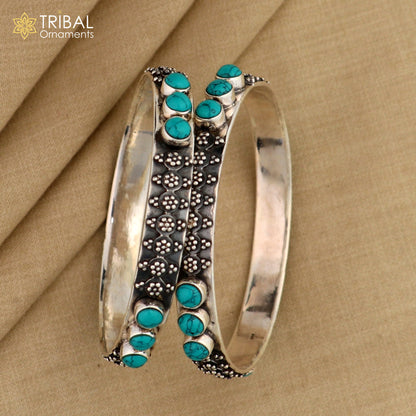 Sterling silver turquoise stone bangle bracelet with customized vintage design, ethnic tribal jewelry for brides by TRIBAL ORNAMENTS