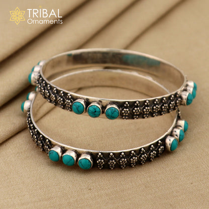 Sterling silver turquoise stone bangle bracelet with customized vintage design, ethnic tribal jewelry by TRIBAL ORNAMENTS.