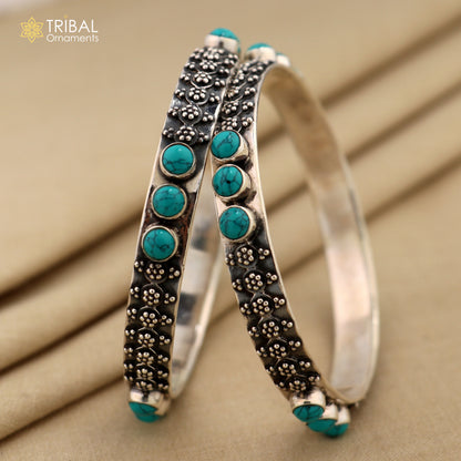 Sterling silver turquoise bangle bracelet with customized vintage design, ethnic jewelry style by TRIBAL ORNAMENTS.