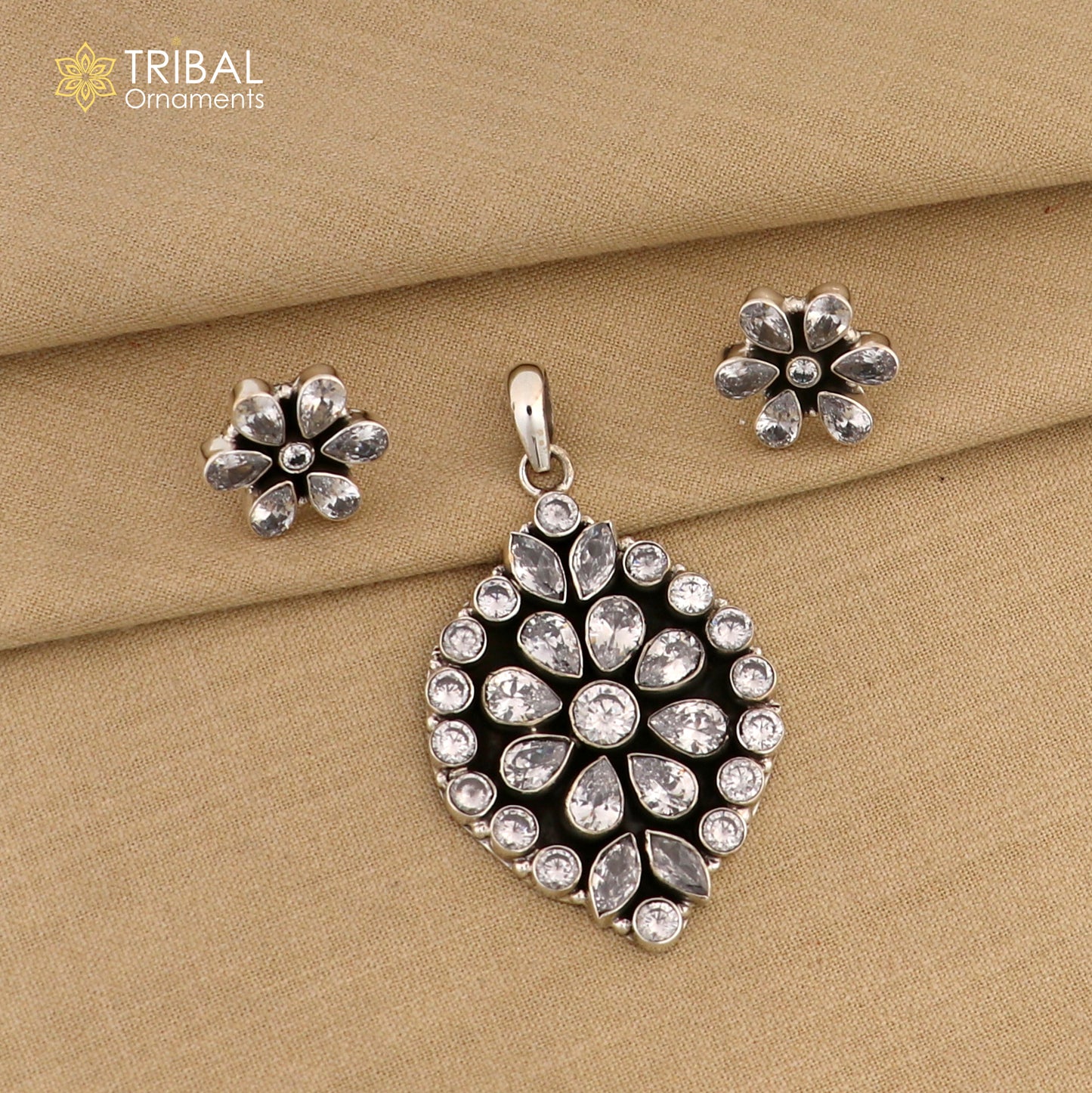 925 sterling silver cz cut stone floral charm necklace set stylish jewelry set738 - TRIBAL ORNAMENTS