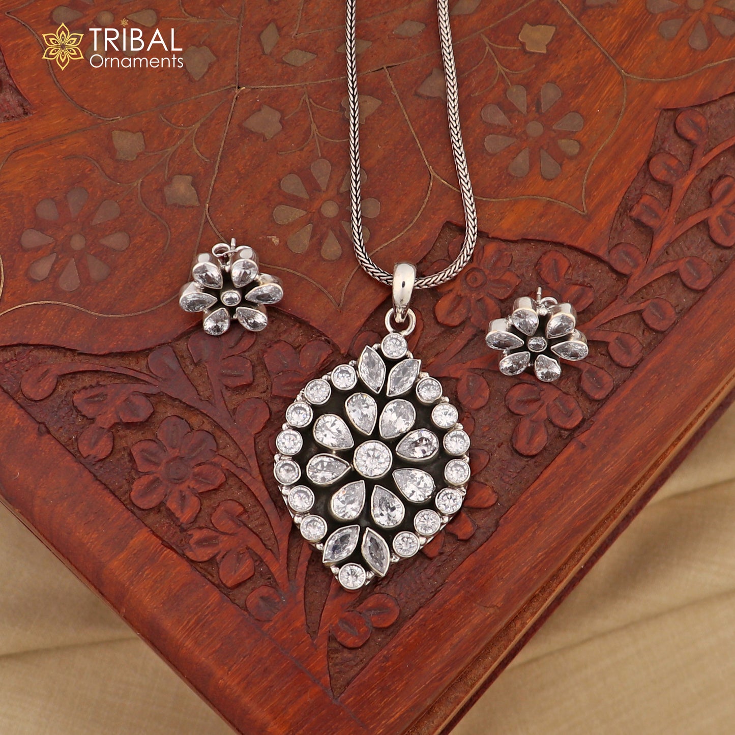 925 sterling silver cz cut stone floral charm necklace set stylish jewelry set738 - TRIBAL ORNAMENTS