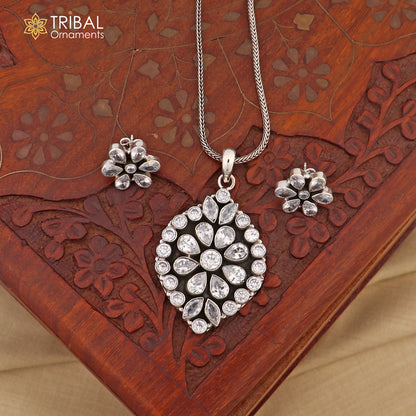 925 sterling silver CZ cut stone floral charm necklace set by TRIBAL ORNAMENTS featuring an 18-inch chain and stylish jewelry design