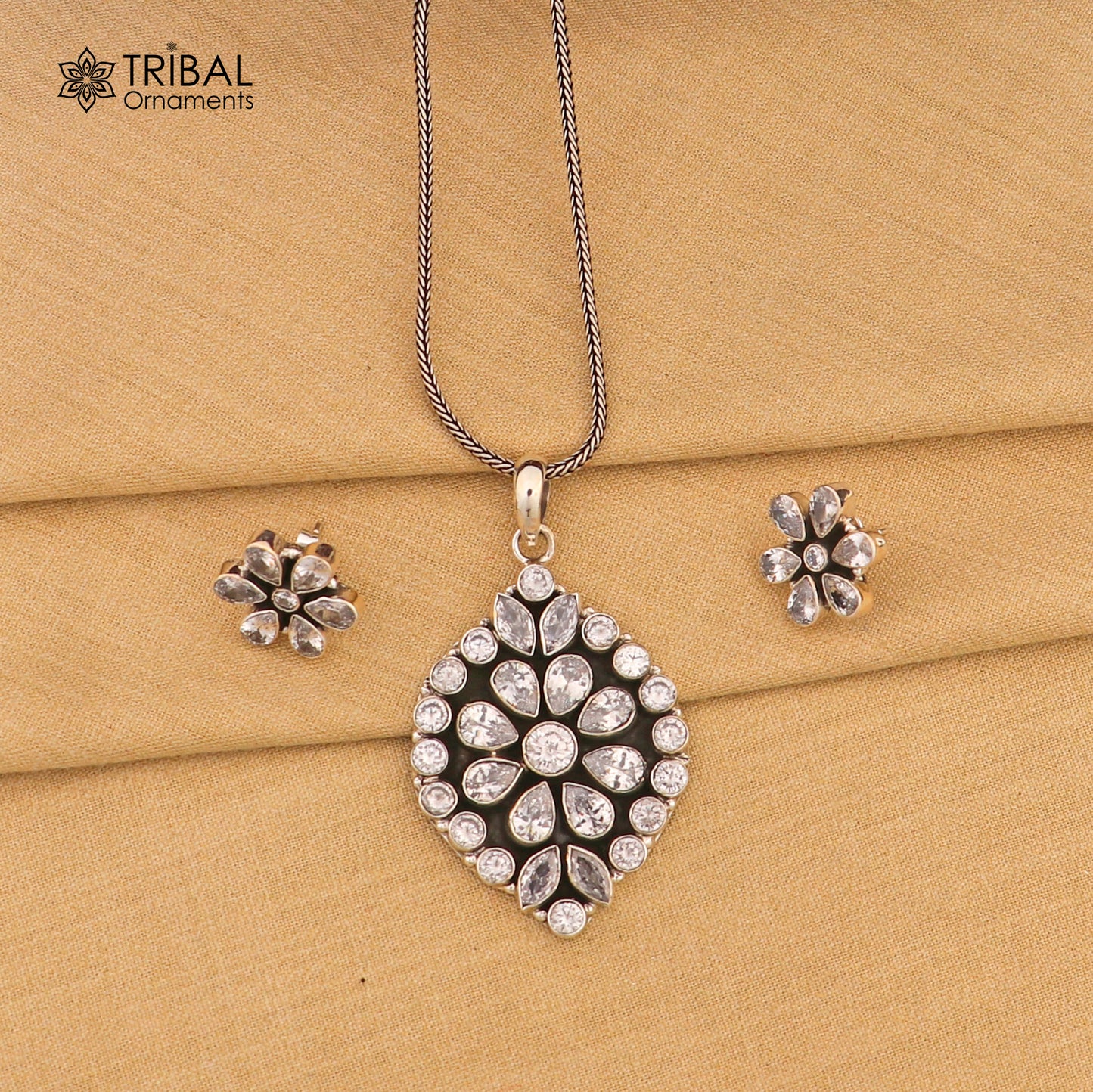 925 sterling silver cz cut stone floral charm necklace set stylish jewelry set738 - TRIBAL ORNAMENTS