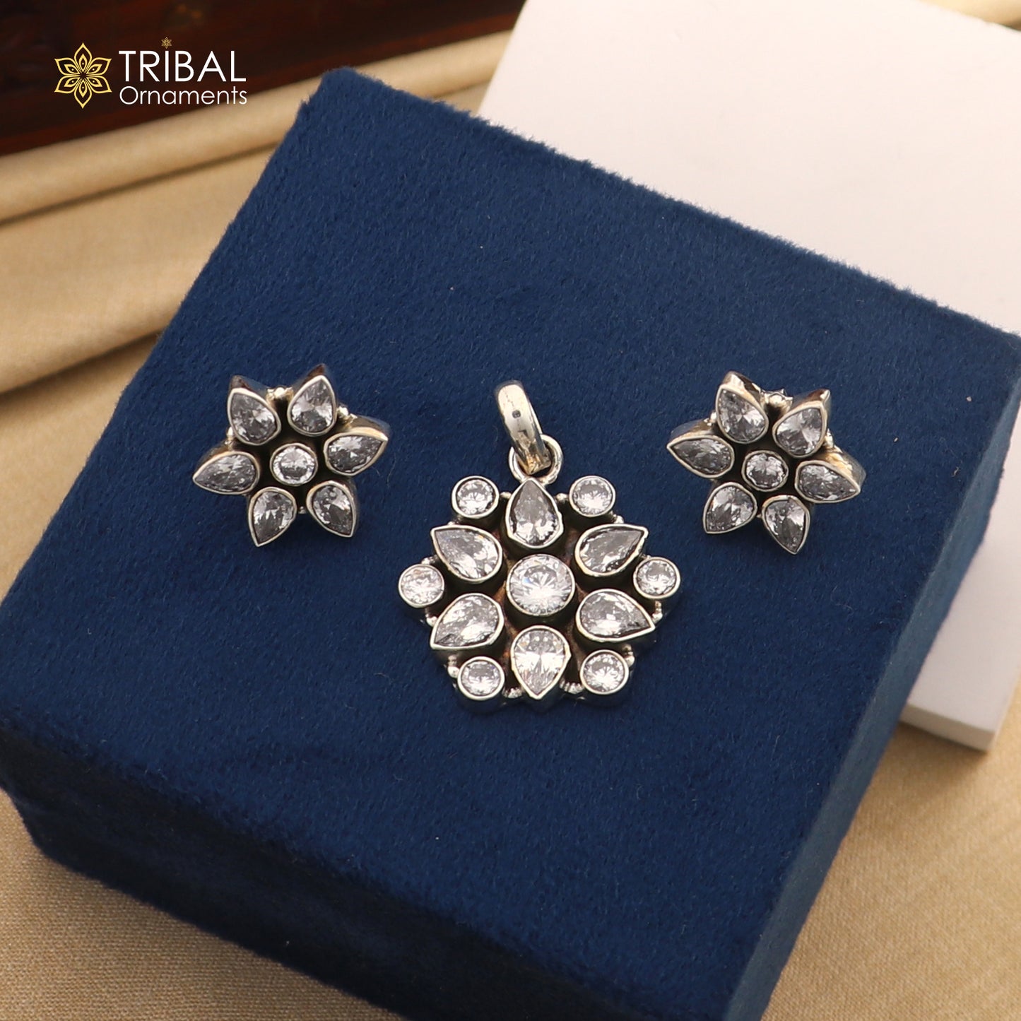 925 sterling silver cz cut stone floral charm necklace set  stylish jewelry set739 - TRIBAL ORNAMENTS