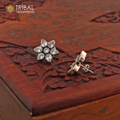 Sterling silver CZ cut stone floral charm necklace set with matching earrings, stylish jewelry from Tribal Ornaments.