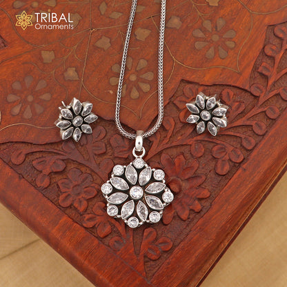 Sterling silver CZ cut stone floral charm necklace set with 18-inch chain, stylish jewelry by Tribal Ornaments.