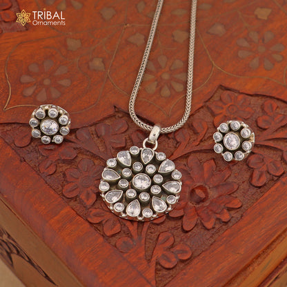 Sterling silver CZ cut stone floral charm necklace set with matching earrings, stylish jewelry by TRIBAL ORNAMENTS.