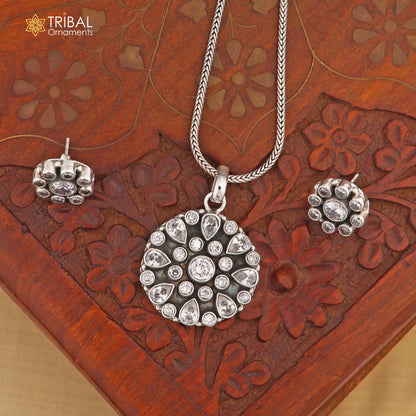 Sterling silver CZ cut stone floral charm necklace set with 18-inch chain, stylish jewelry by TRIBAL ORNAMENTS.