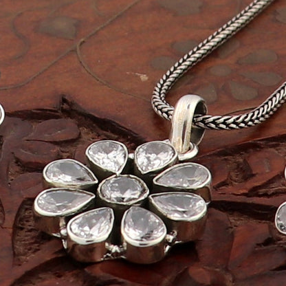 Sterling silver floral pendant jewelry set with CZ cut stone and 18-inch chain, stylish tribal ornaments jewelry ensemble.