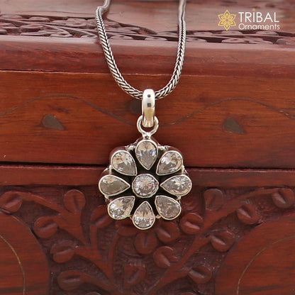 925 sterling silver floral pendant with CZ cut stone, part of stylish jewelry set with matching chain by TRIBAL ORNAMENTS.