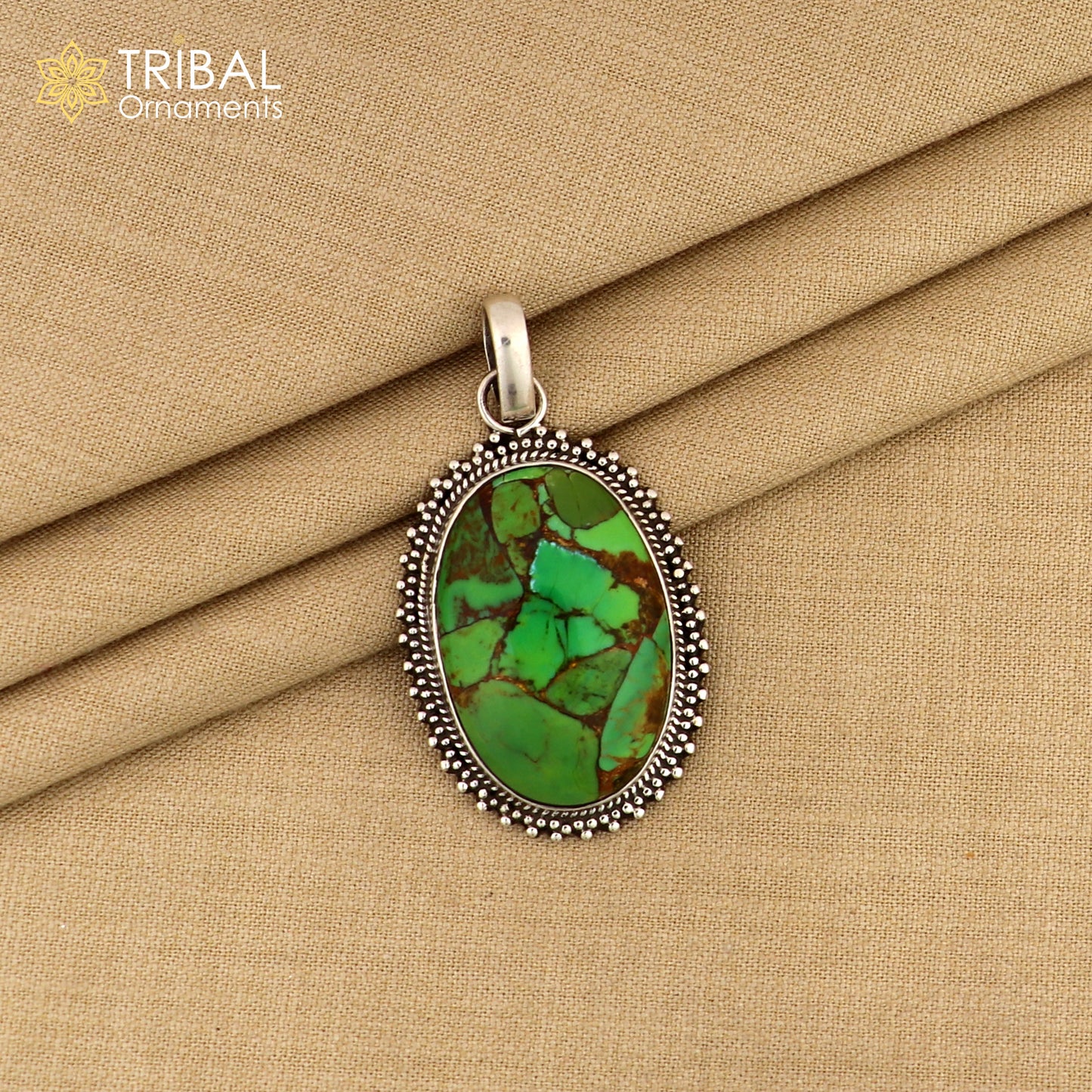 925 sterling silver round shape green turquoise pendant unisex tribal jewellery nsp1056 - TRIBAL ORNAMENTS