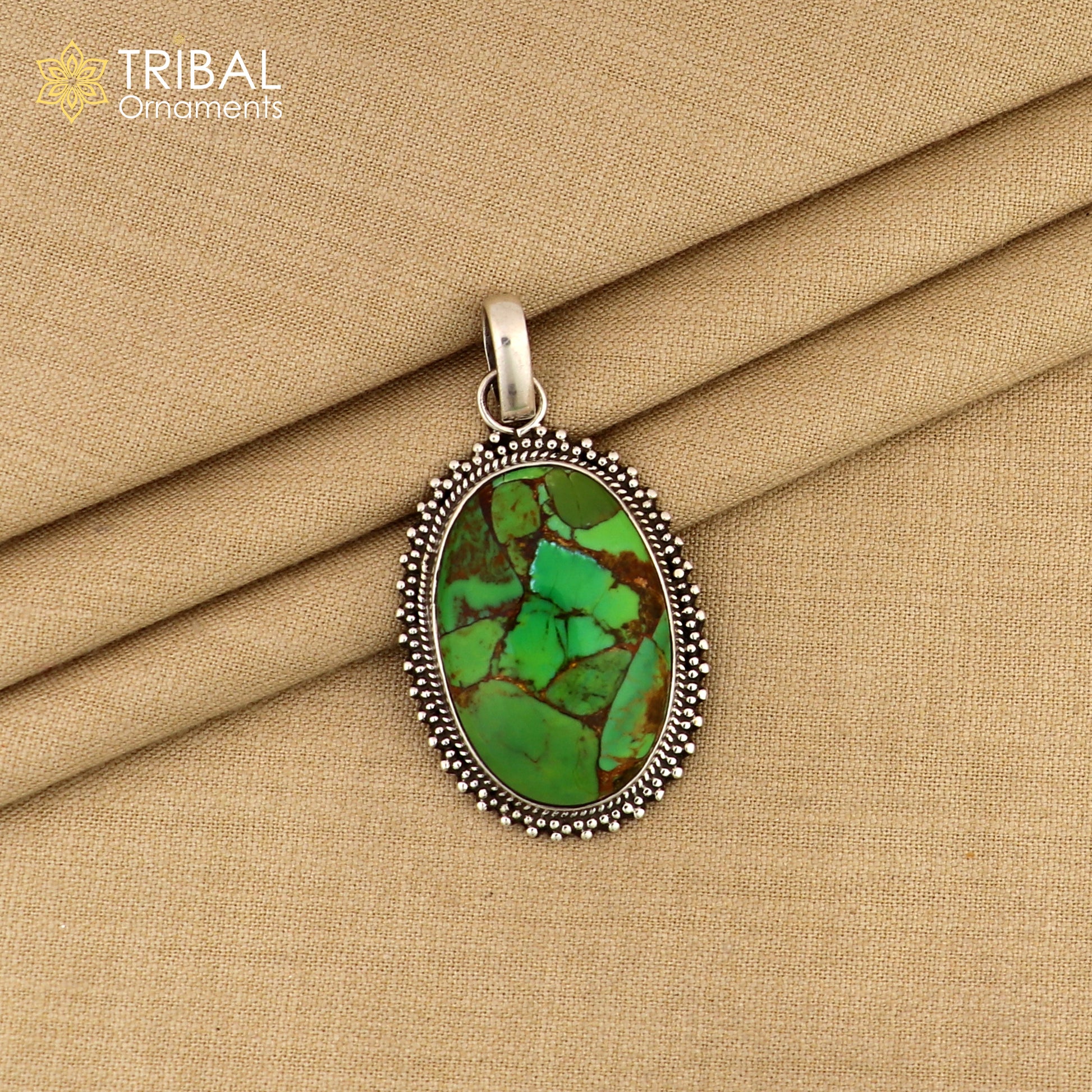 925 sterling silver round shape green turquoise pendant unisex tribal jewellery nsp1056 - TRIBAL ORNAMENTS