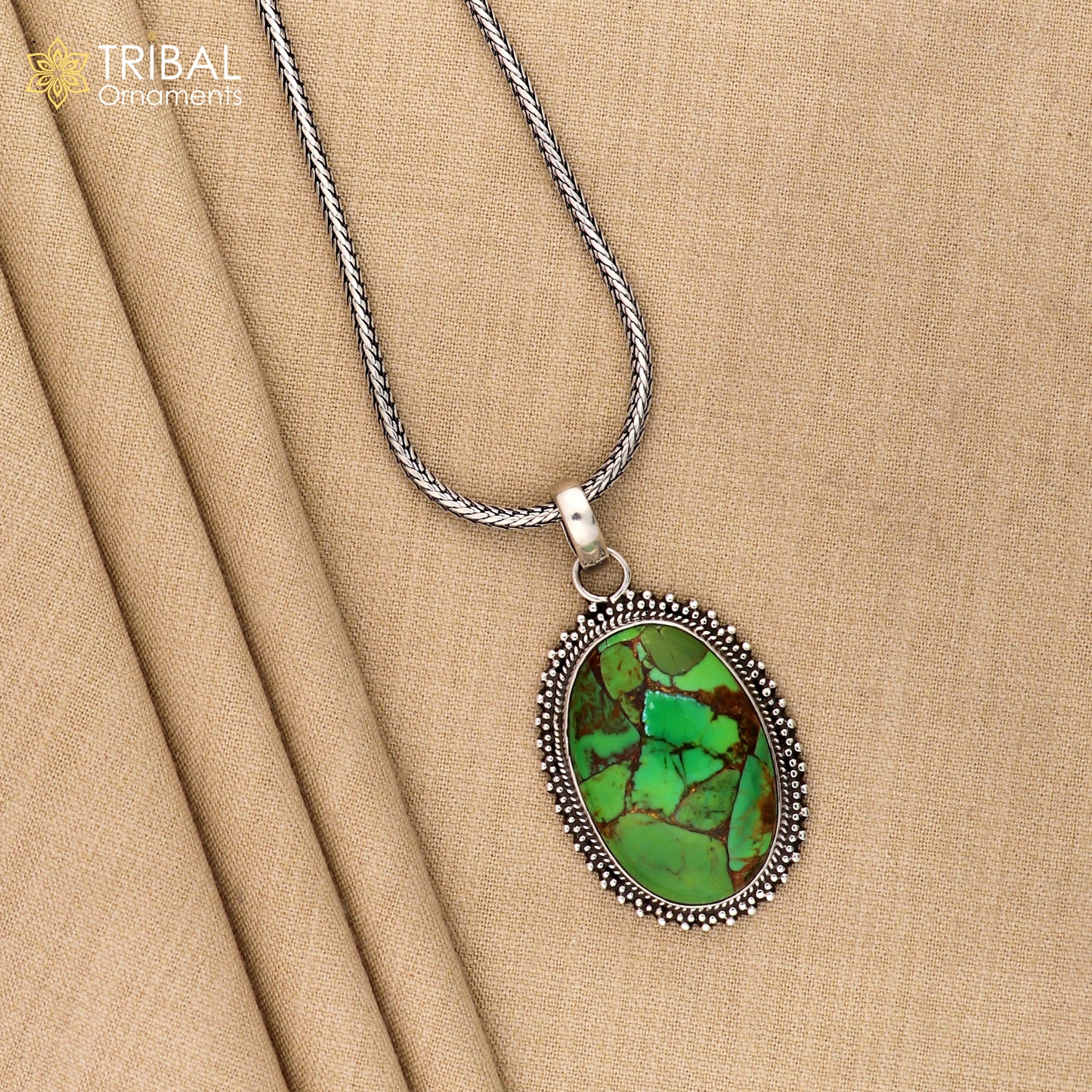 925 sterling silver round shape green turquoise pendant unisex tribal jewellery nsp1056 - TRIBAL ORNAMENTS