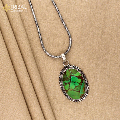 925 sterling silver round green turquoise pendant with tribal design, unisex tribal jewelry on an 18-inch chain.
