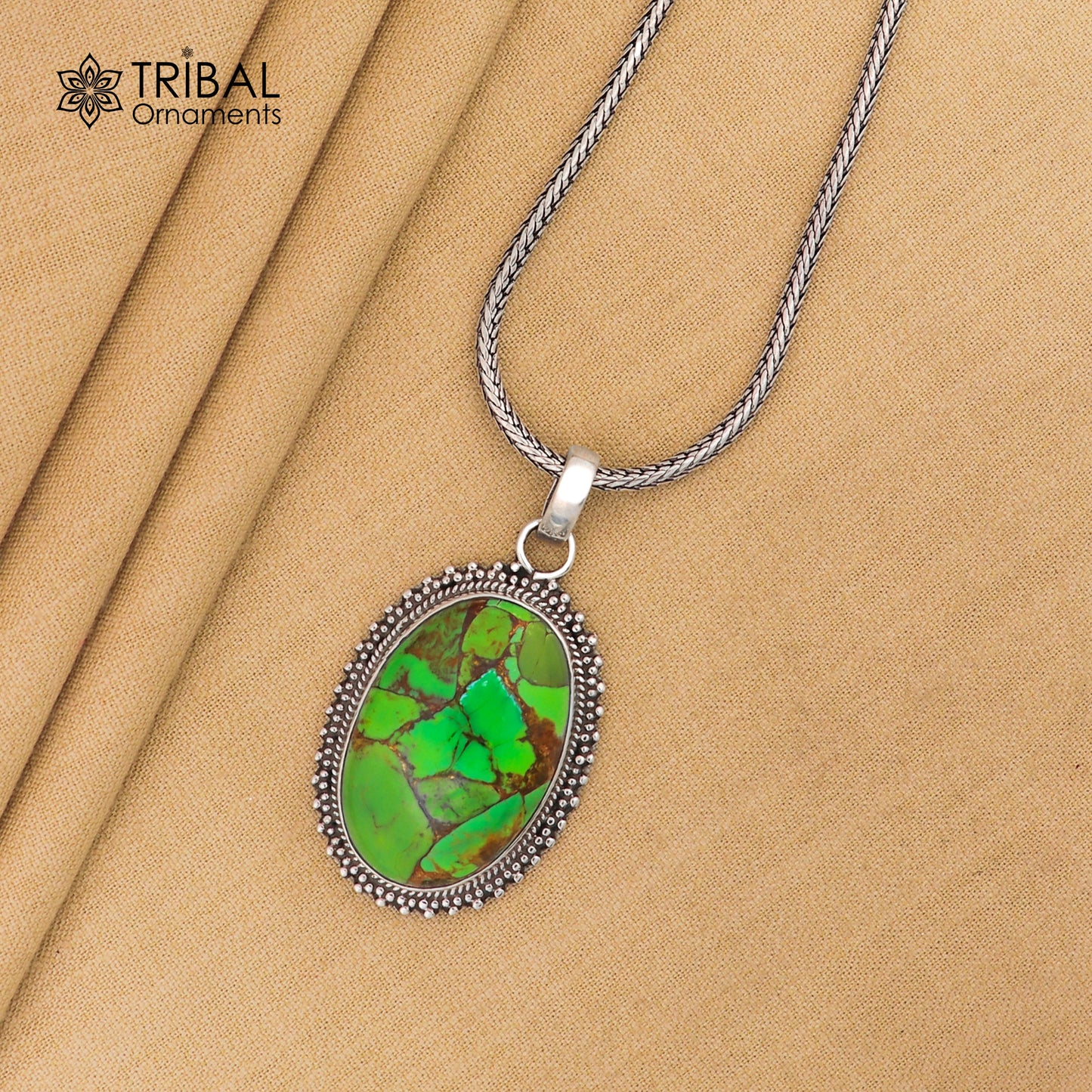 925 sterling silver round shape green turquoise pendant unisex tribal jewellery nsp1056 - TRIBAL ORNAMENTS