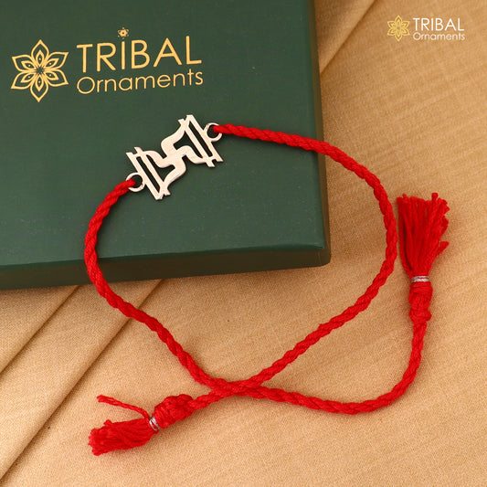 925 sterling silver Swastika Rakhi with red thread, tribal ornaments design, ideal sibling gift for Raksha Bandhan.