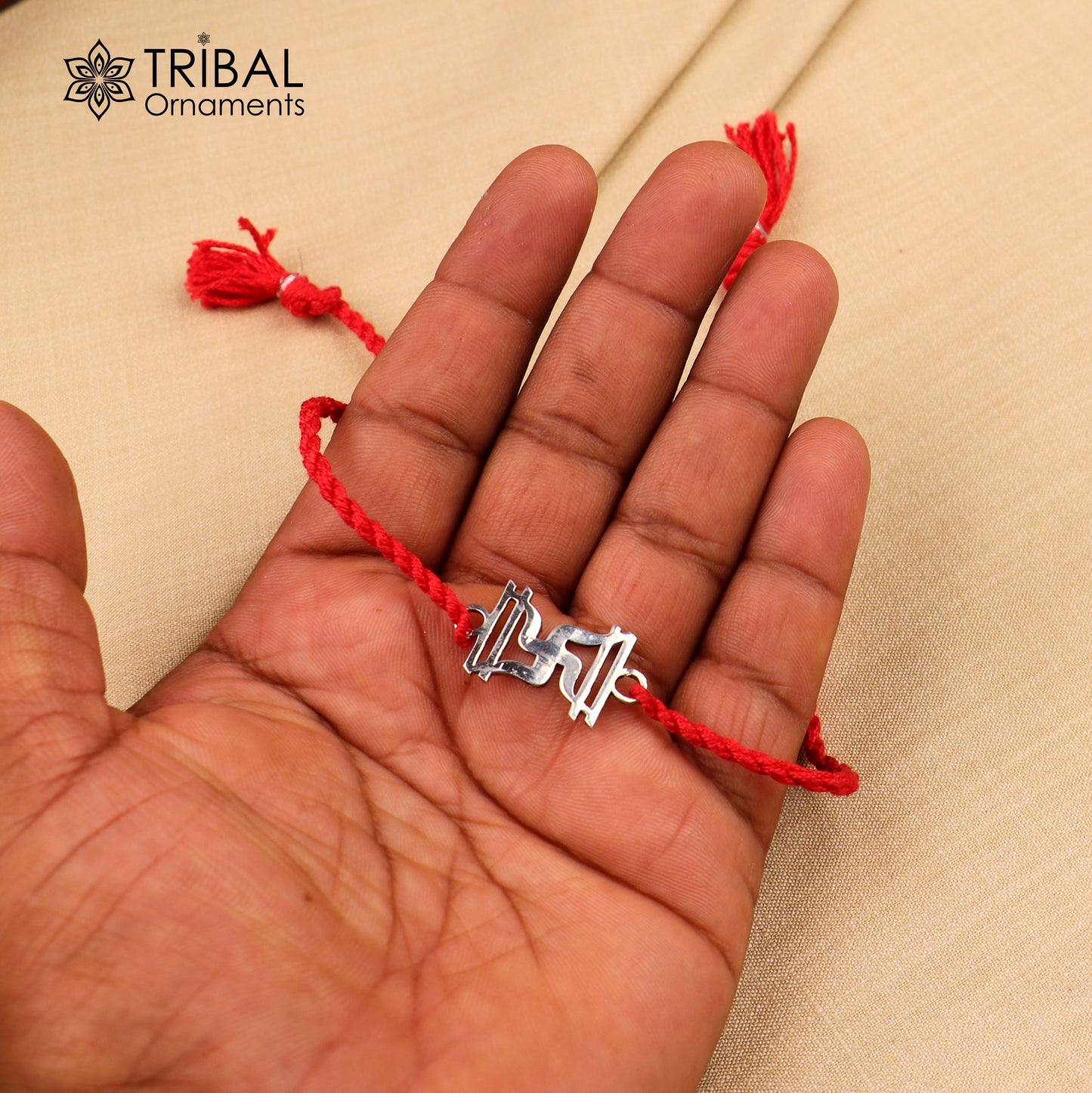 925 sterling silver Swastika rakhi with red thread, tribal ornaments for sibling gift, traditional Indian Rakhi for brothers and sisters