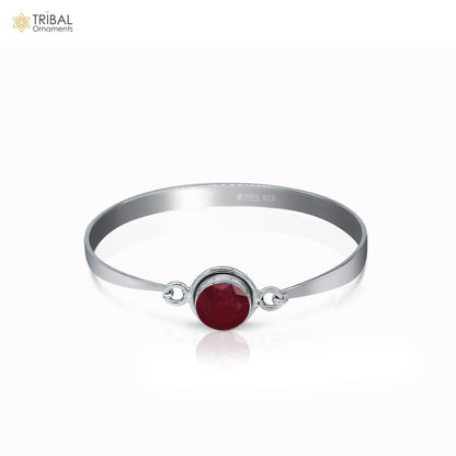 925 sterling silver tribal kada bracelet with red stone, stylish bangle jewelry featuring intricate tribal design by TRIBAL ORNAMENTS