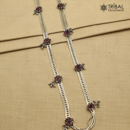 925 Sterling silver adjustable multiline vintage belly chain with red stones, tribal design, perfect as a saree waist chain.