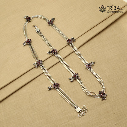 925 Sterling silver adjustable vintage belly chain with red stones and multiline design, ideal as a saree waist or waist chain.