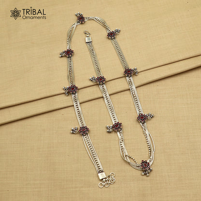 925 Sterling silver adjustable belly chain with vintage multi-line design and red stone accents, perfect as a saree waist chain.