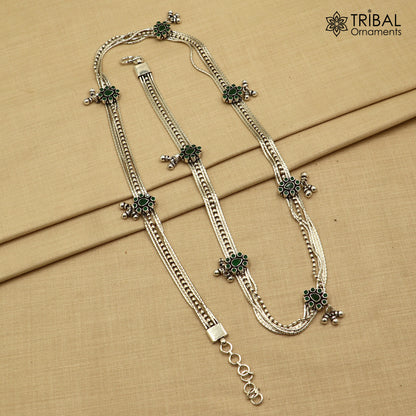 925 Sterling silver adjustable vintage-style belly chain with red stones, featuring a multiline design perfect for saree waist accessories.