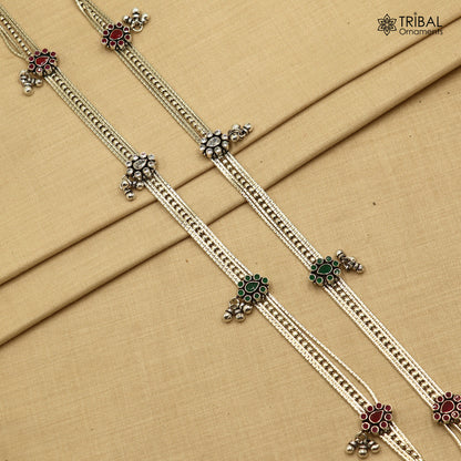 925 Sterling silver adjustable vintage belly chain with red stone accents, featuring a multiline design for waist and saree adornment.