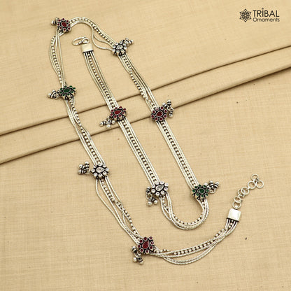 Sterling silver adjustable belly chain with vintage multiline design and red stones, featuring traditional tribal ornament style.