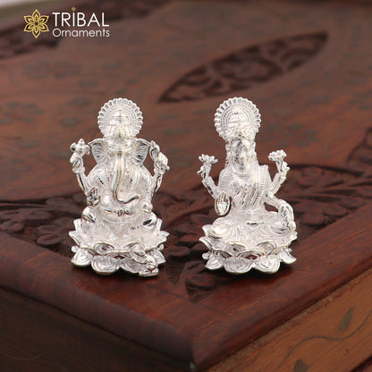925 Sterling silver Ganesha with Laxmi Ji Murti statue figurine, traditional Hindu puja art from Tribal Ornaments.