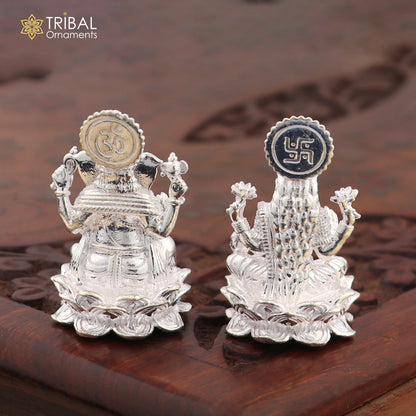 925 Sterling silver Ganesha with Laxmi ji Murti figurine, Hindu puja statue by TRIBAL ORNAMENTS, intricate silver religious art