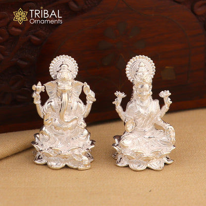 925 Sterling silver Ganesha with Laxmi Ji Murti statue figurine, traditional Hindu puja art from TRIBAL ORNAMENTS.
