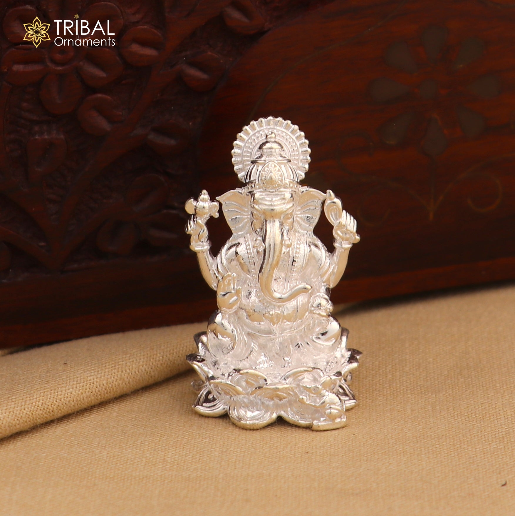 925 Sterling silver God Ganesha with laxmi ji Murti Statue figurine, puja articles art833 - TRIBAL ORNAMENTS