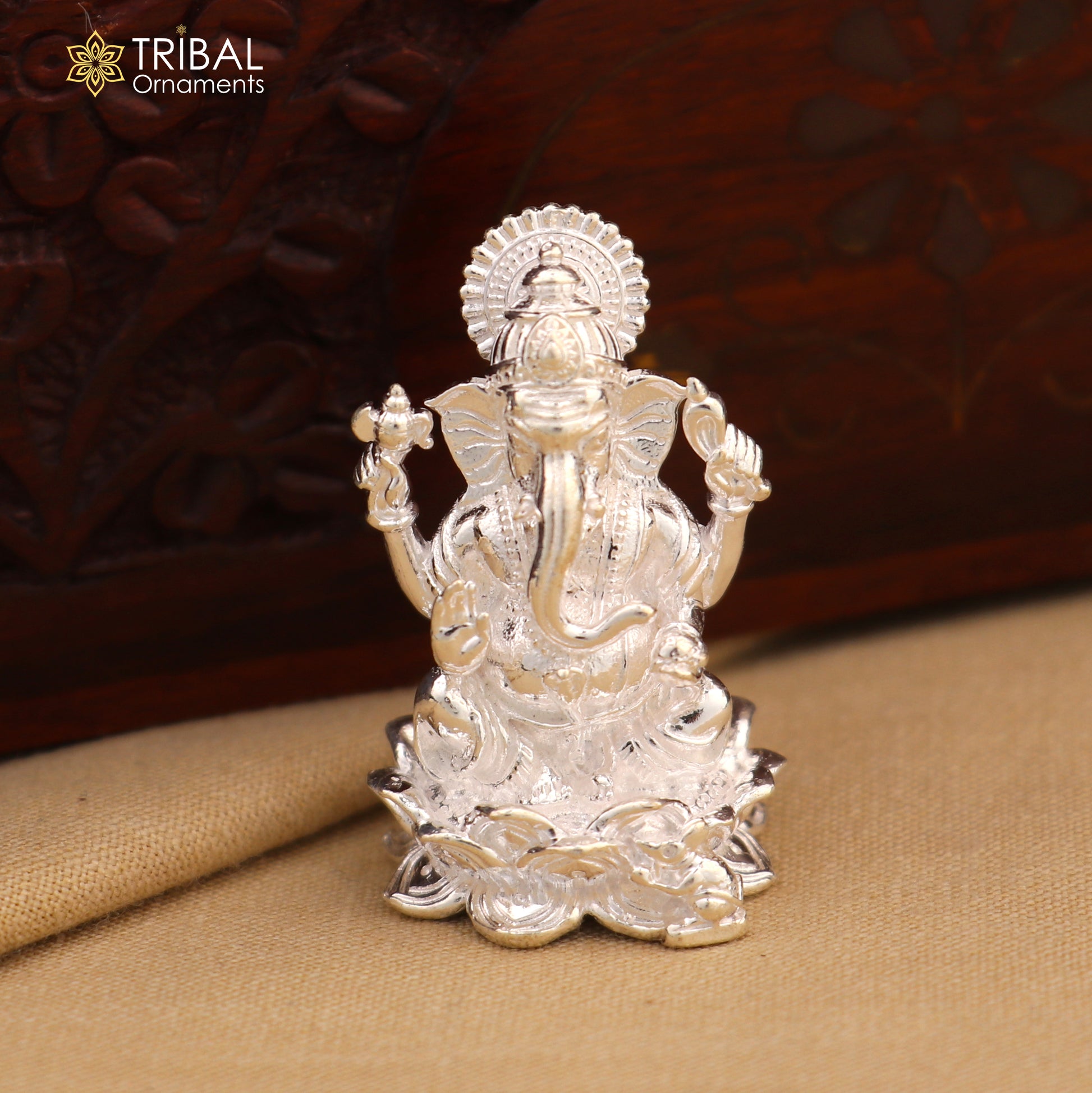 925 Sterling silver God Ganesha with laxmi ji Murti Statue figurine, puja articles art833 - TRIBAL ORNAMENTS
