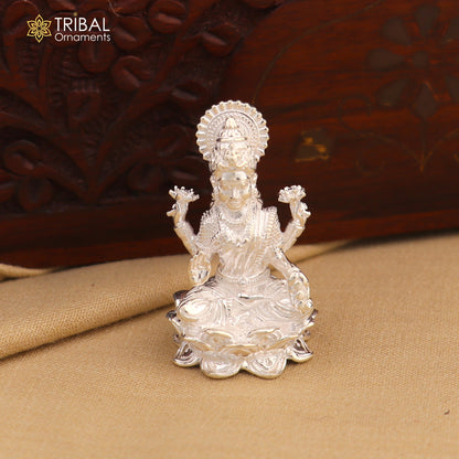 925 Sterling silver Lord Ganesha with Laxmi ji Murti figurine, a detailed Hindu puja statue by TRIBAL ORNAMENTS.