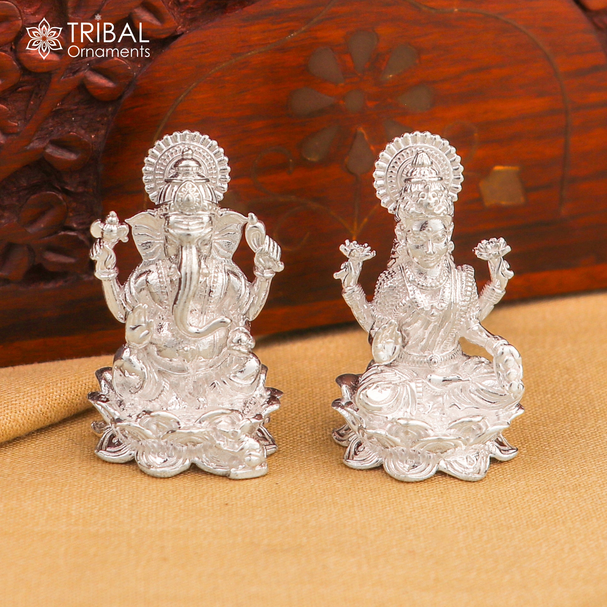 925 Sterling silver God Ganesha with laxmi ji Murti Statue figurine, puja articles art833 - TRIBAL ORNAMENTS