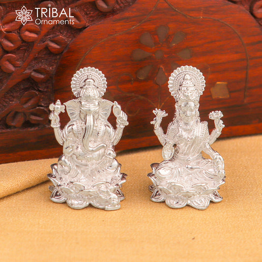 925 Sterling silver God Ganesha with laxmi ji Murti Statue figurine, puja articles art833 - TRIBAL ORNAMENTS