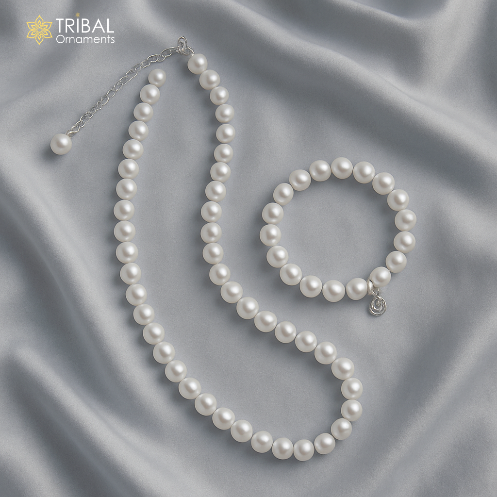 Round pearl beaded silver necklace set and bracelet gorgeous women's jewelry pnec07 - TRIBAL ORNAMENTS