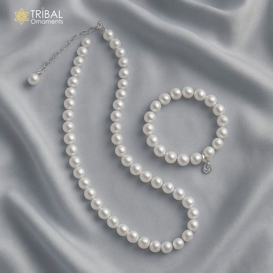 Round pearl beaded silver necklace set and bracelet gorgeous women's jewelry pnec07 - TRIBAL ORNAMENTS