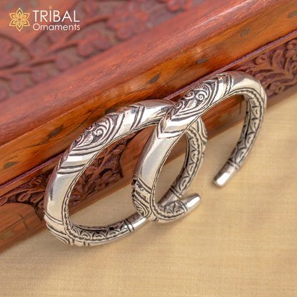 925 Sterling silver chitai work bangle bracelet by TRIBAL ORNAMENTS, unisex personalized jewelry with intricate design and custom details.