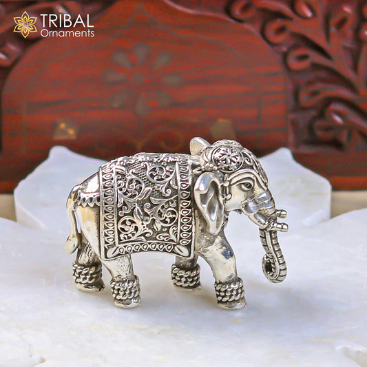 925 Sterling silver Kandrai work Nakshi/ chitai design customized Elephant statue, puja article figurine, décor Diwali puja articles su494 - TRIBAL ORNAMENTS
