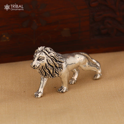 Vintage design 925 sterling silver baby lion sculpture by Tribal Ornaments, ideal for home puja and decorative art.