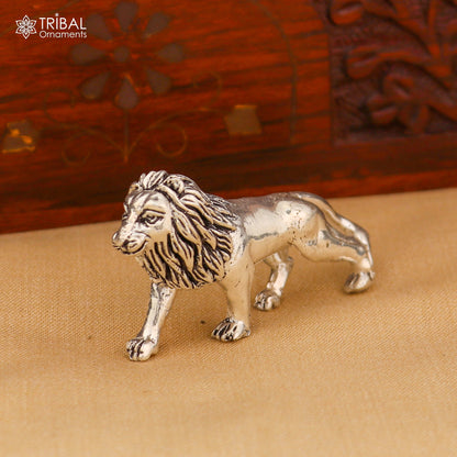 Vintage 925 sterling silver baby lion sculpture by TRIBAL ORNAMENTS, detailed design, ideal for home puja or decorative display.