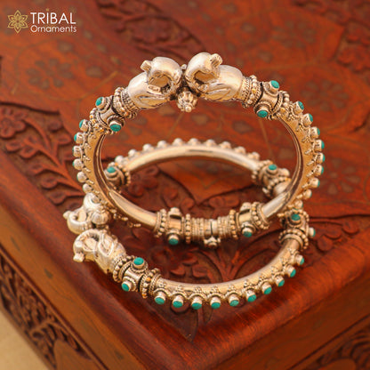 Sterling silver peacock design belly dance bangle with cubic zircon stones, tribal ethnic jewelry by TRIBAL ORNAMENTS.