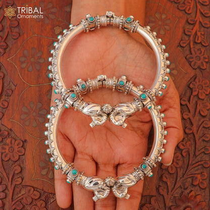 925 Sterling silver peacock design ethnic belly dance bangle with cubic zircon stones, tribal ornament style bracelet or kada.