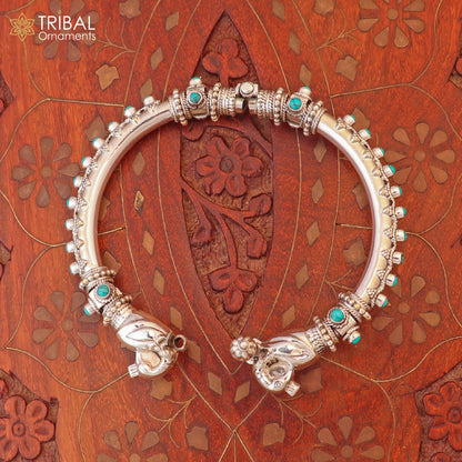 925 Sterling silver peacock design tribal belly dance bangle with cubic zircon stones, ethnic ethnic bracelet or kada.