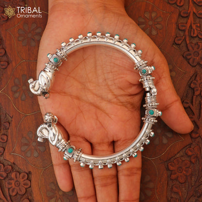 Sterling silver peacock design tribal belly dance bangle with cubic zircon stones, ethnic kada bracelet from Tribal Ornaments.