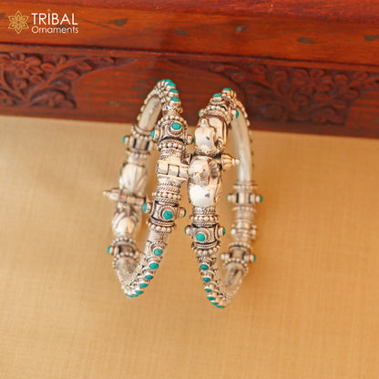 Sterling silver peacock design tribal belly dance bangle with cubic zircon stones, ethnic jewelry by TRIBAL ORNAMENTS