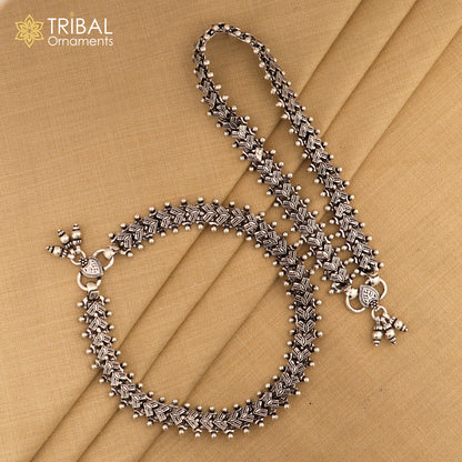 Indian traditional 925 sterling silver anklet with intricate tribal design, trendy chunky foot bracelet for women.