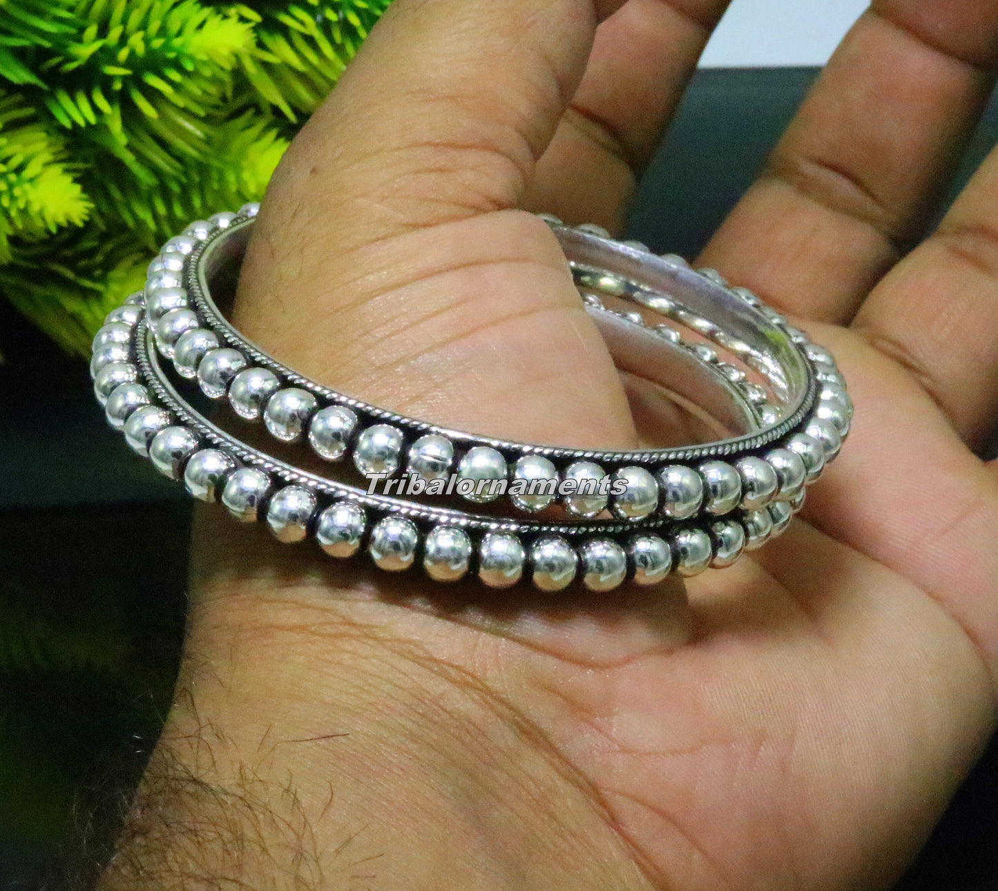 925 sterling silver beaded bangle bracelet with oxidized finish, personalized tribal jewelry for belly dance, handmade by TRIBAL ORNAMENTS.
