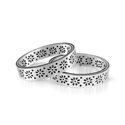 Sterling silver floral bangle bracelet by TRIBAL ORNAMENTS featuring vintage design, intricate floral patterns for brides or jewelry lovers.